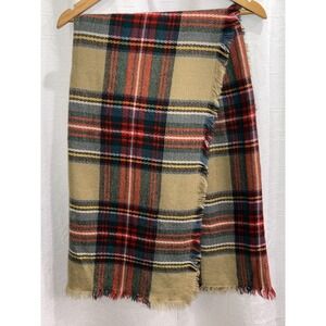 Tartan Plaid Scarf Wrap Fringe 52" x 55" Gold Red Green Preppy Cozy Soft Classic